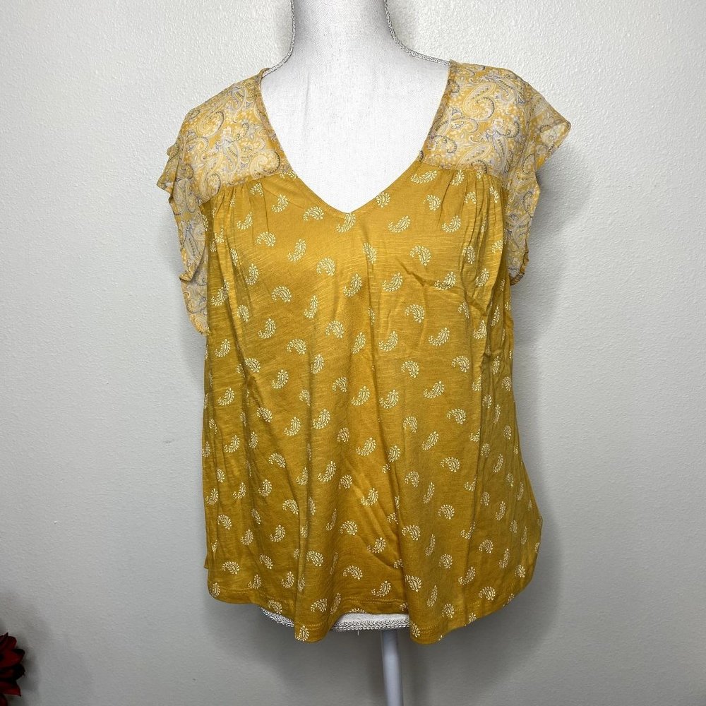 NEW Lucky Brand Yellow Paisley Flutter Sleeve Top